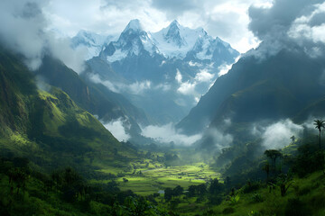 Fototapeta premium Majestic Himalayan valley sunrise, misty landscape, travel poster