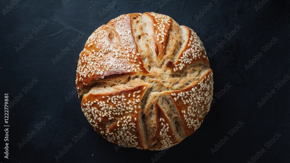 Poster homemade round bread with sesame seed topping arranged centrally on a dark textured background illum