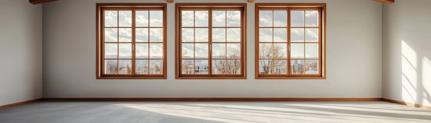 Bright Empty Room with Large Wooden Windows and City View Ideal for Interior Design