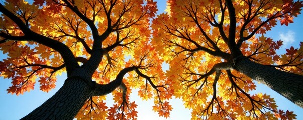 Grand Bur oak tree branches stretching towards sky, wood texture, autumn foliage, eastern North America native