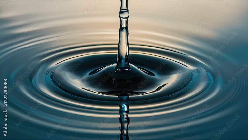 Aufkleber droplet creating ripples on still water surface with soft hues of blue and tan, centered focus on sp