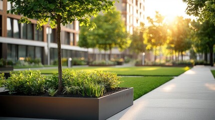 Gardening landscaping concept. A serene urban park at sunset showcasing greenery and modern architecture.