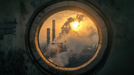 Keyhole view of sunlit toxic smoke release factory.