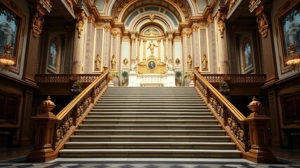 Grand staircase leading up to the main altar, adorned with gilded railings and intricately carved banisters, church architecture, ornate details