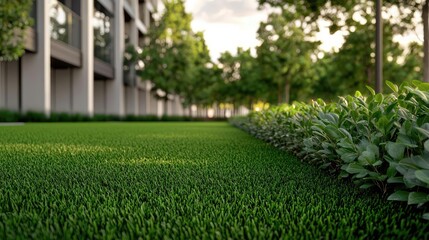 Obraz premium Gardening landscaping concept. Vibrant green lawn with neatly trimmed grass and lush shrubs near a modern building.
