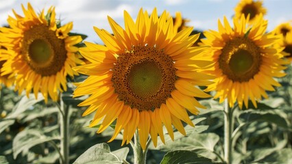 Obraz premium Vibrant sunflower blossoms in the foreground with lush green leaves against a bright blue sky, showcasing warm yellow and earthy green tones.