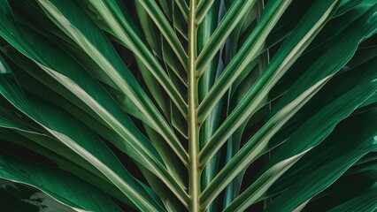 Fototapeta premium Vibrant green palm leaf backdrop with symmetrical foliage pattern creating a lush tropical ambiance for creative imagery and design projects.