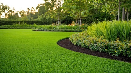 Obraz premium Gardening landscaping concept. Lush green lawn edged with vibrant plants and flowers, creating a serene garden view.