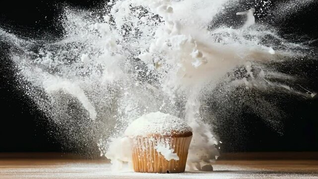 Vanilla muffin topped with powdered sugar creating a dramatic explosion of floury dust against a black background, symbolizing creativity and playful baking