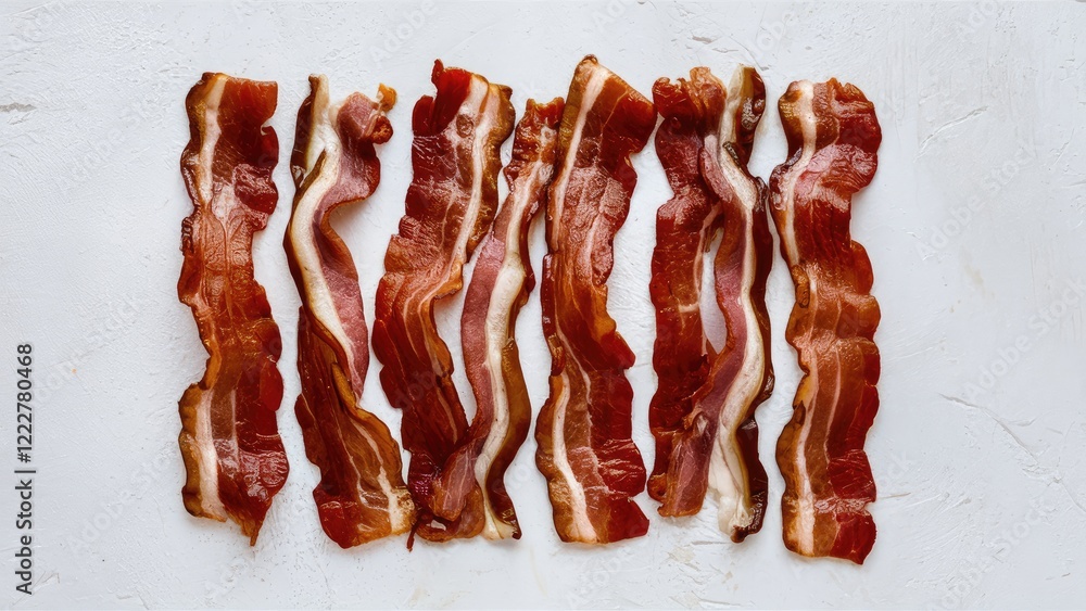 Poster sliced crispy bacon strips arranged neatly on a light textured white background creating a delicious