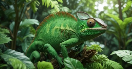 Obraz premium Green Chameleon blending into leafy greens of a tropical plant, chameleon, outdoor, green
