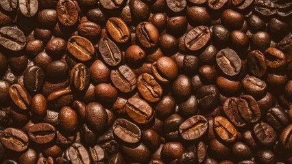 Richly textured roasted coffee beans in varying shades of brown scattered across a dark surface, showcasing a natural, inviting coffee aesthetic.