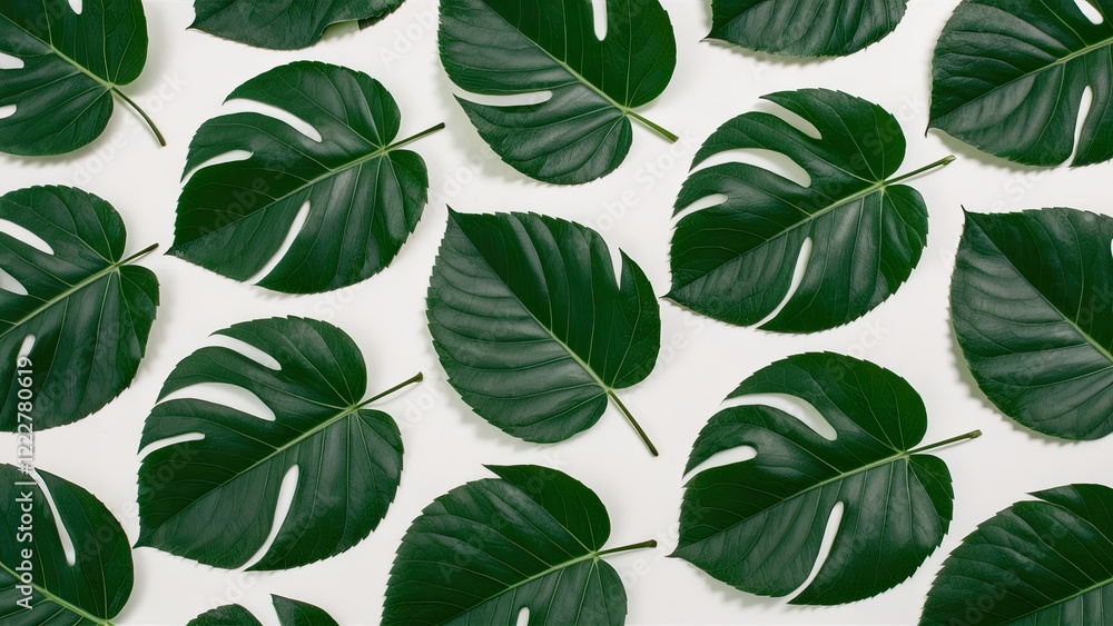 Aufkleber green monstera leaves arranged in a flat lay on a white background with distinctive leaf cuts and te