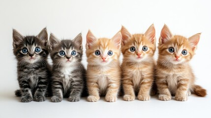 Adorable Group of Five Playful Kittens with Bright Blue Eyes Sitting in a Row on a Light Background