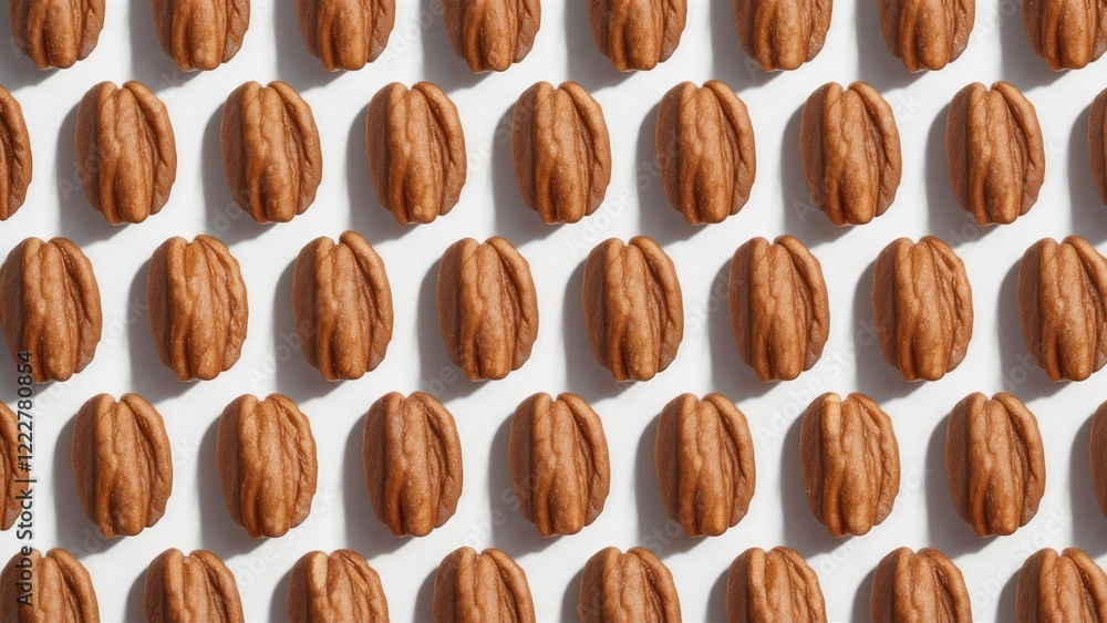 Poster pecan nut kernels arranged in a uniform grid pattern on a clean white background showcasing their ri
