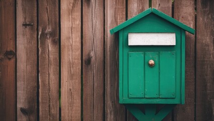 Green wooden mailbox with brass knob positioned on the left against a vertical brown wooden backdrop creating a rustic, charming effect.