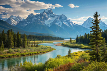 Majestic mountain range reflected in a serene river.