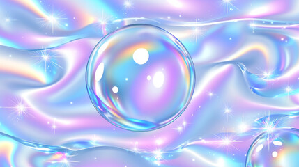 Colorful iridescent bubble on pastel background with sparkles