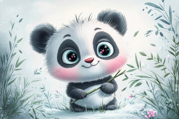 Fototapeta premium Charming watercolor artwork of an adorable baby panda amidst nature