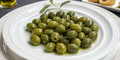 Green olives arranged artfully on a white porcelain plate, table decoration, snack ideas, dinner party, green olives