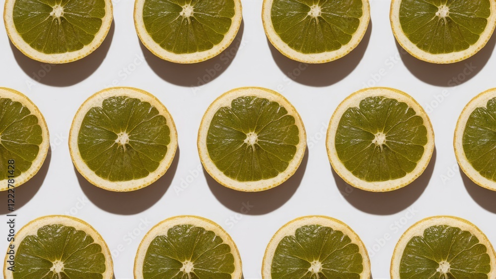 Aufkleber green grapefruit slices arranged in a grid pattern on a white background, showcasing yellow rind and
