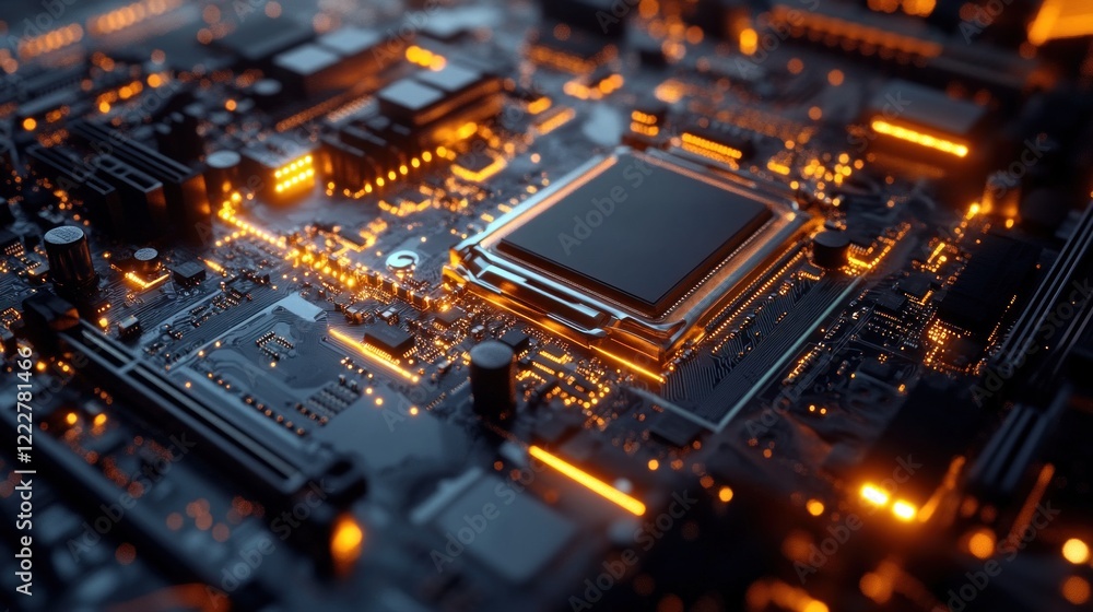 Poster illuminated intricate motherboard close-up showcasing complex circuit paths and glowing components