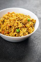 boulgur quinoa dish with vegetables vegetarian dish vegetable food fresh tasty food dish delicious gourmet food background on the table rustic food top view copy space keto and paleo diet