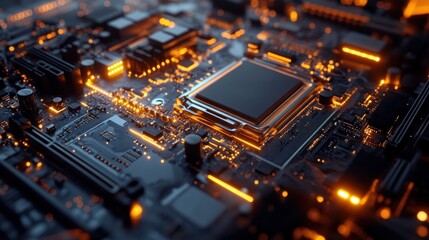 Illuminated intricate motherboard close-up showcasing complex circuit paths and glowing components