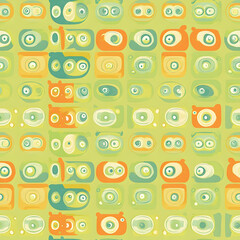 A colorful pattern featuring abstract shapes with eyes on a green background.