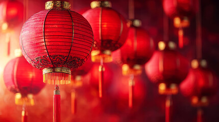 Fototapeta premium Chinese New Year: Red Lanterns and Festive Lights