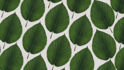 Fototapeta premium Green leaf pattern on white background, large symmetrical leaves in varying positions creating a harmonious, natural design. Ideal for nature themes.