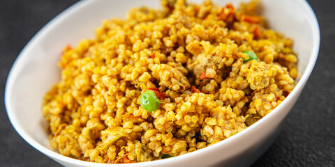 boulgur quinoa dish with vegetables vegetarian dish vegetable food fresh tasty food dish delicious gourmet food background on the table rustic food top view copy space keto and paleo diet