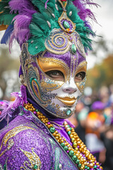 Fototapeta premium Vibrant mardi gras parade costume and mask with beads for festival celebration