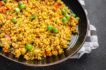 boulgur quinoa dish with vegetables vegetarian dish vegetable food fresh tasty food dish delicious gourmet food background on the table rustic food top view copy space keto and paleo diet