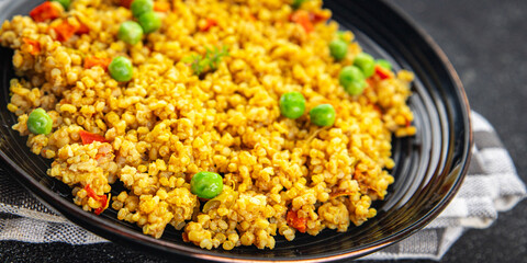 boulgur quinoa dish with vegetables vegetarian dish vegetable food fresh tasty food dish delicious gourmet food background on the table rustic food top view copy space keto and paleo diet