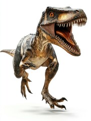 Roaring dinosaur running, white background, prehistoric scene, educational use