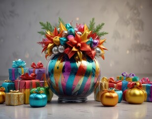 Naklejka premium Group of colorful gifts and decorations arranged in a festive pattern on a large glass or mercury glass vase, christmas tree, holly berries