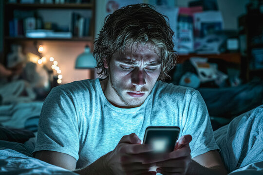 Teenager focused on smartphone in dimly lit room - digital connectivity concept. Safer Internet Day