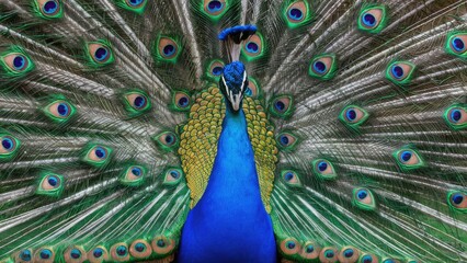 Fototapeta premium Majestic blue peacock showcasing vibrant blue and green feathers with an intricate pattern, positioned centrally against a soft neutral background.