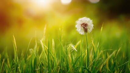 Luminous dandelion flower stands tall amidst softly blurred lush green grass under warm sunlight creating a serene natural backdrop.
