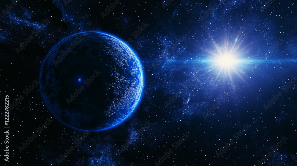 Poster digital globe in space with glowing network grid and bright sunflare, concept of global communicatio