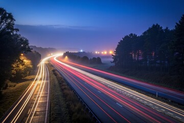 Obraz premium Night Expressway Lights Trails, Long Exposure Photography: Urban Landscape