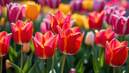 Vibrant red and yellow tulips in a sunny garden with a colorful background of soft blooming flowers and lush green foliage creating a lively scene