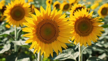 Vibrant close-up of bright yellow sunflowers in lush green field under clear blue sky with soft sunlight illuminating the petals and center