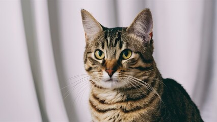 Striped cat portrait featuring yellow eyes, facing forward against a soft light backdrop with blurred curtains in the background.