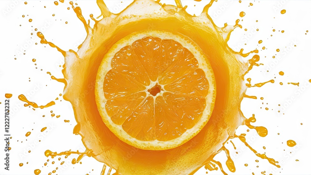 Aufkleber vibrant orange slice centered in a dynamic splash of citrus juice against a clean white background c