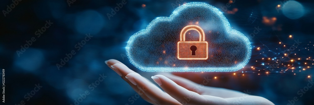 Poster glowing digital cloud with padlock symbol in open hand, cloud computing security concept