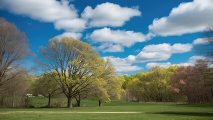 Fototapeta premium Bright blue sky with fluffy clouds above lush green trees in a serene spring landscape, creating a fresh and vibrant natural scene.