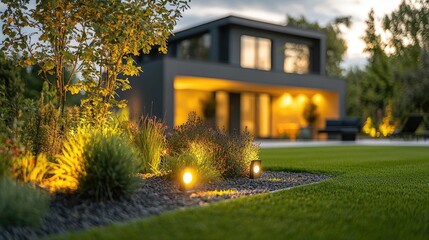 Fototapeta premium Gardening landscaping concept. Modern home exterior with landscaped garden illuminated in the evening twilight.