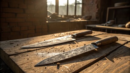 Obraz premium Old Knives: A Rustic Still Life, Weathered Elegance, Vintage Cutlery Photography